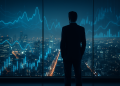 Business leader viewing city skyline with digital data overlays.