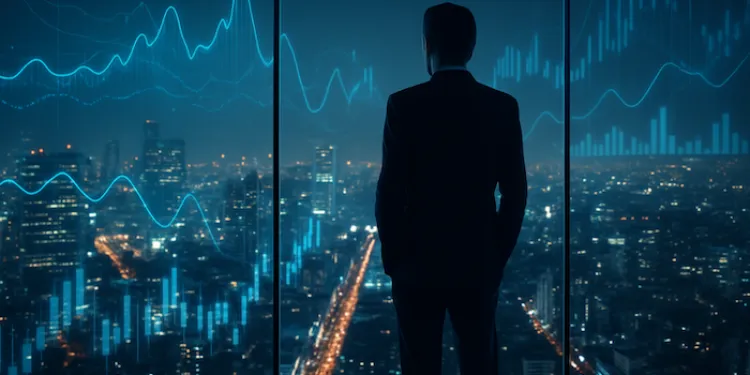 Business leader viewing city skyline with digital data overlays.