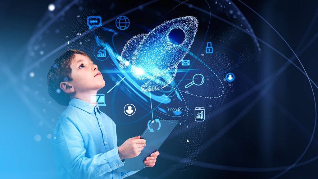 Boy with tablet looking at digital rocket and tech icons, symbolizing the future of education and innovation.